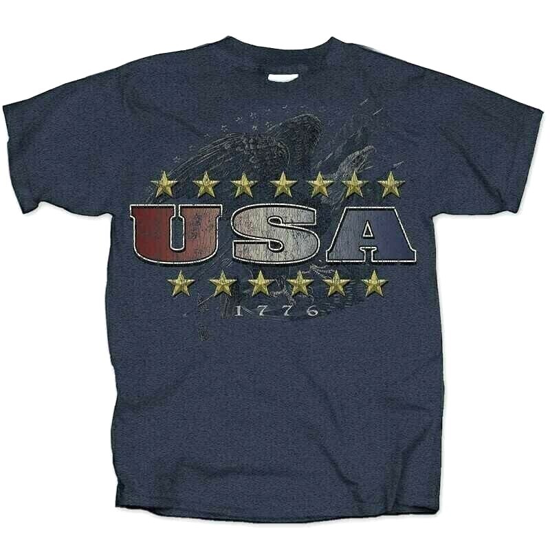 PATRIOTIC USA EAGLE STARS MEN’S DISTRESSED STYLE NAVY HEATHER COTTON TEE SHIRT