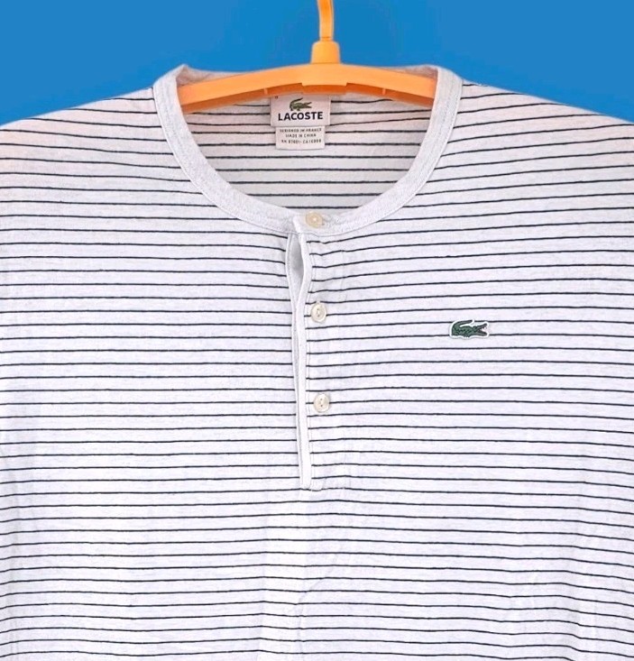 LACOSTE Henley Linen Blend T-Shirt MENS Size 6 US XL Blue White Striped SEE FLAW gallery