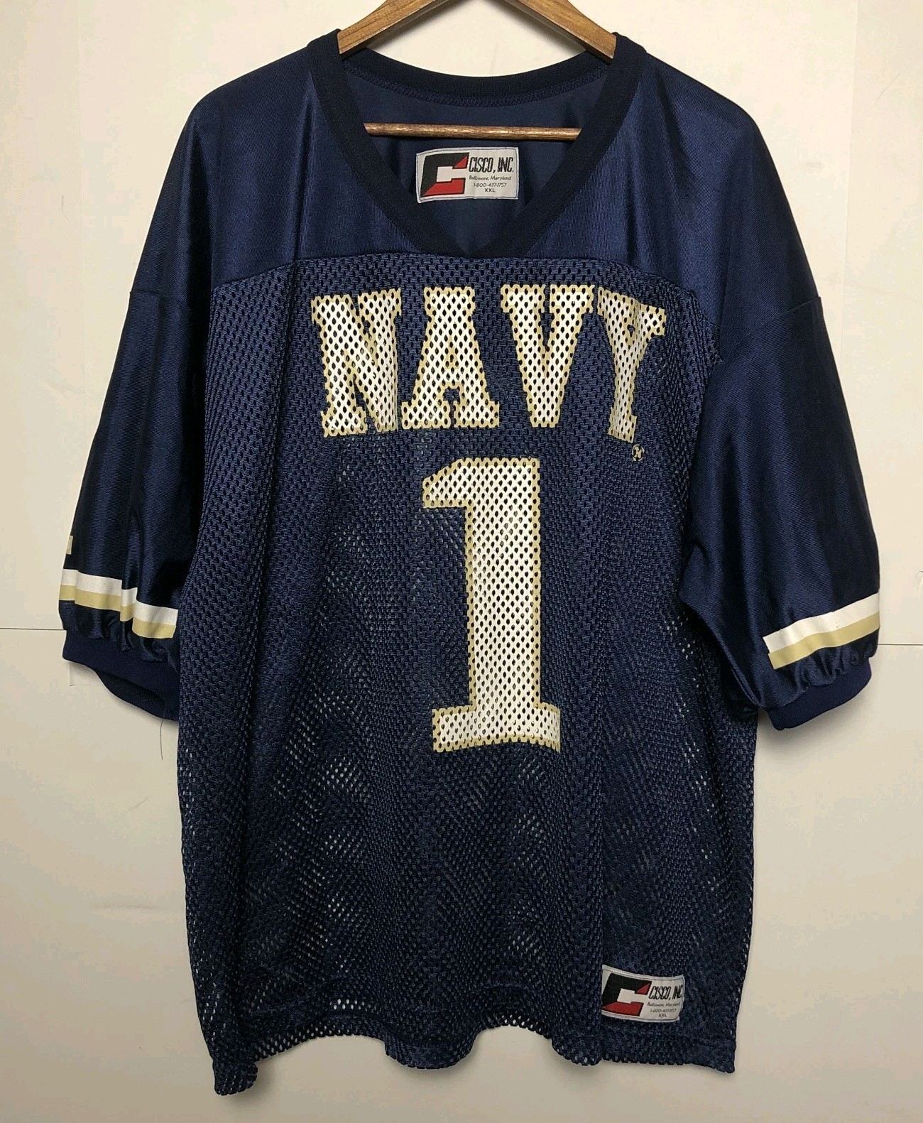 Vintage 90s US Navy Football Jersey Mens 2XL Blue Mesh Satin Cisco Inc 26x30 gallery