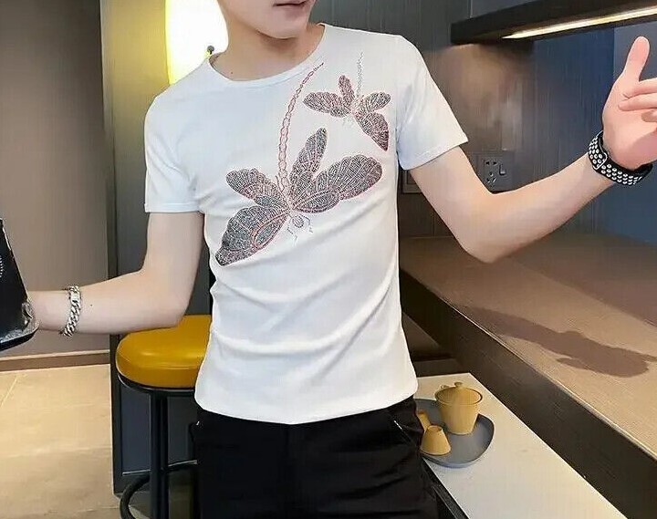 New Men Luxury Rhinestones Dragonfly Fashion Black White T-Shirt High Quality gallery