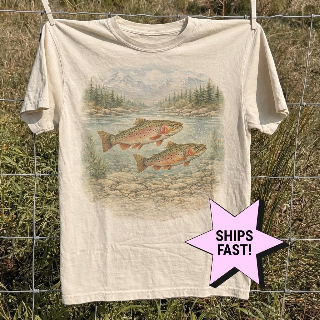 Vintage Trout 90s Fishing Shirt Mountain River Landscape Comfort Colors Tee Retr