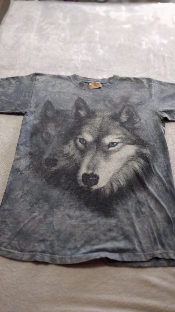 Vintage The Mountain Wolf Reflection T Shirt M Gray Tie Dye Y2K 2002 Nature Tee