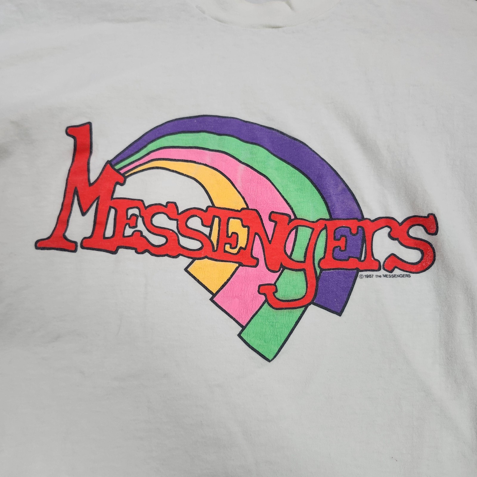 Vintage Stedman Shirt Mens XL White Messengers Rainbow Graphic Tee 1987 USA gallery