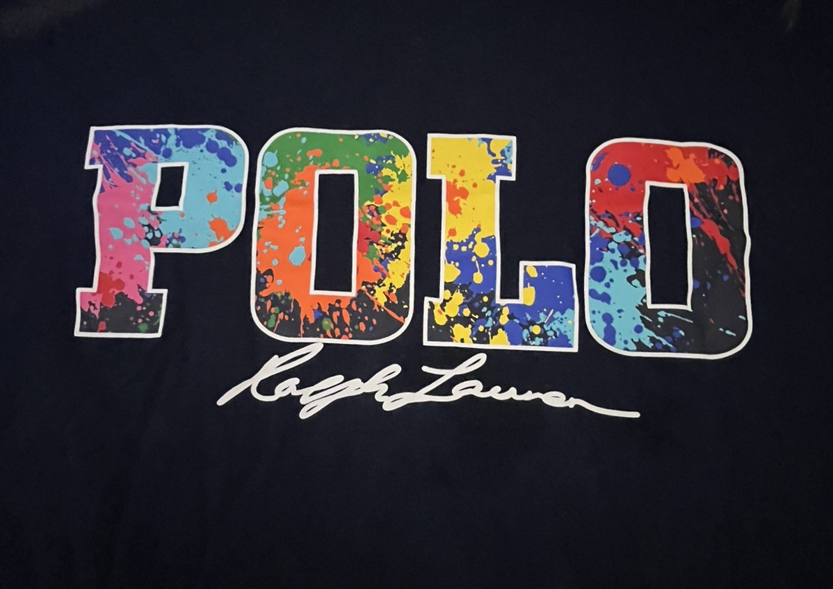 Polo Ralph Lauren Men's Paint Splatter Spell Out T-Shirt in Blue 2XS / 2TG EUC gallery