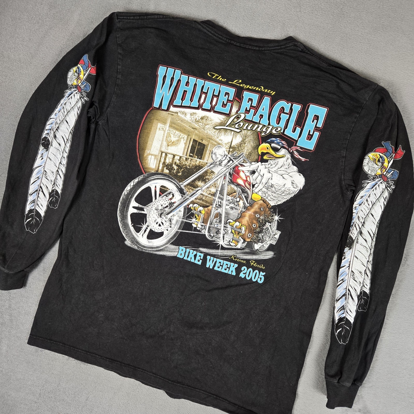VTG Y2K 00s Bike Week 2005 White Eagle Lounge Shirt Mens Large Long Sleeve USA