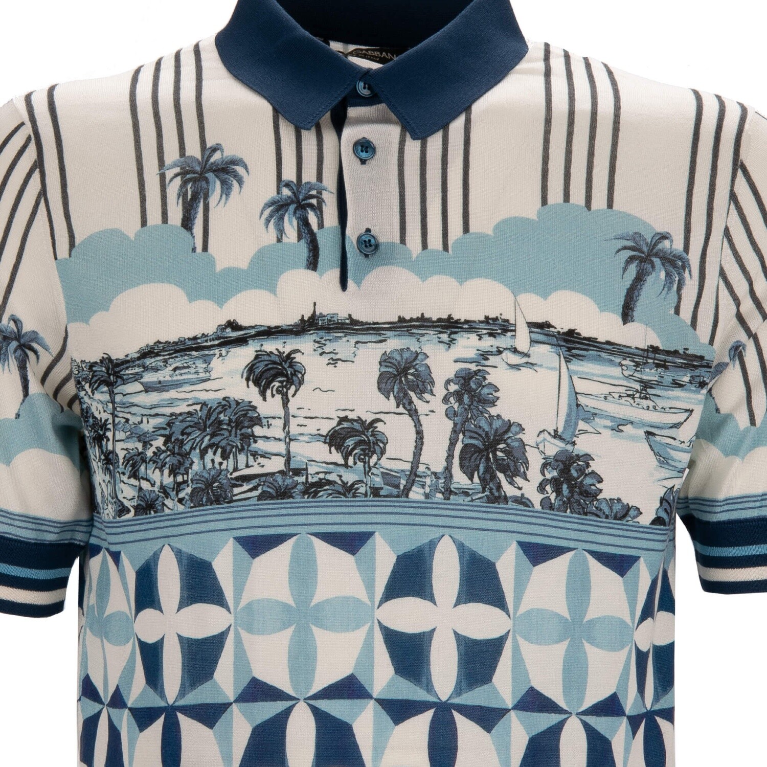 DOLCE & GABBANA Gio Ponti Design Palm Silk Polo Shirt T-Shirt Blue White gallery