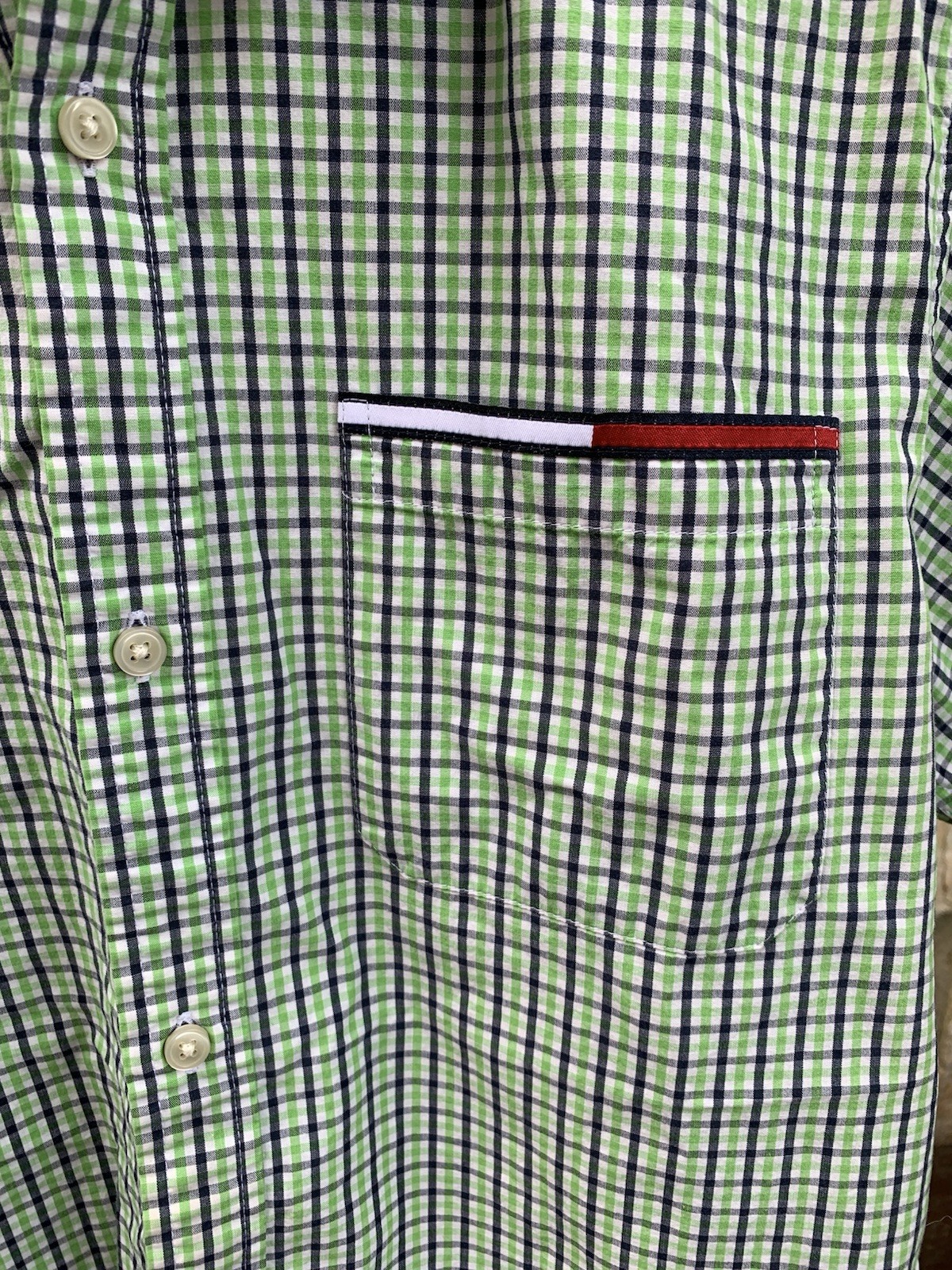 Tommy Hilfiger Short Sleeve Shirt Gingham Green Button Flag Logo Stripe Mens Lg gallery