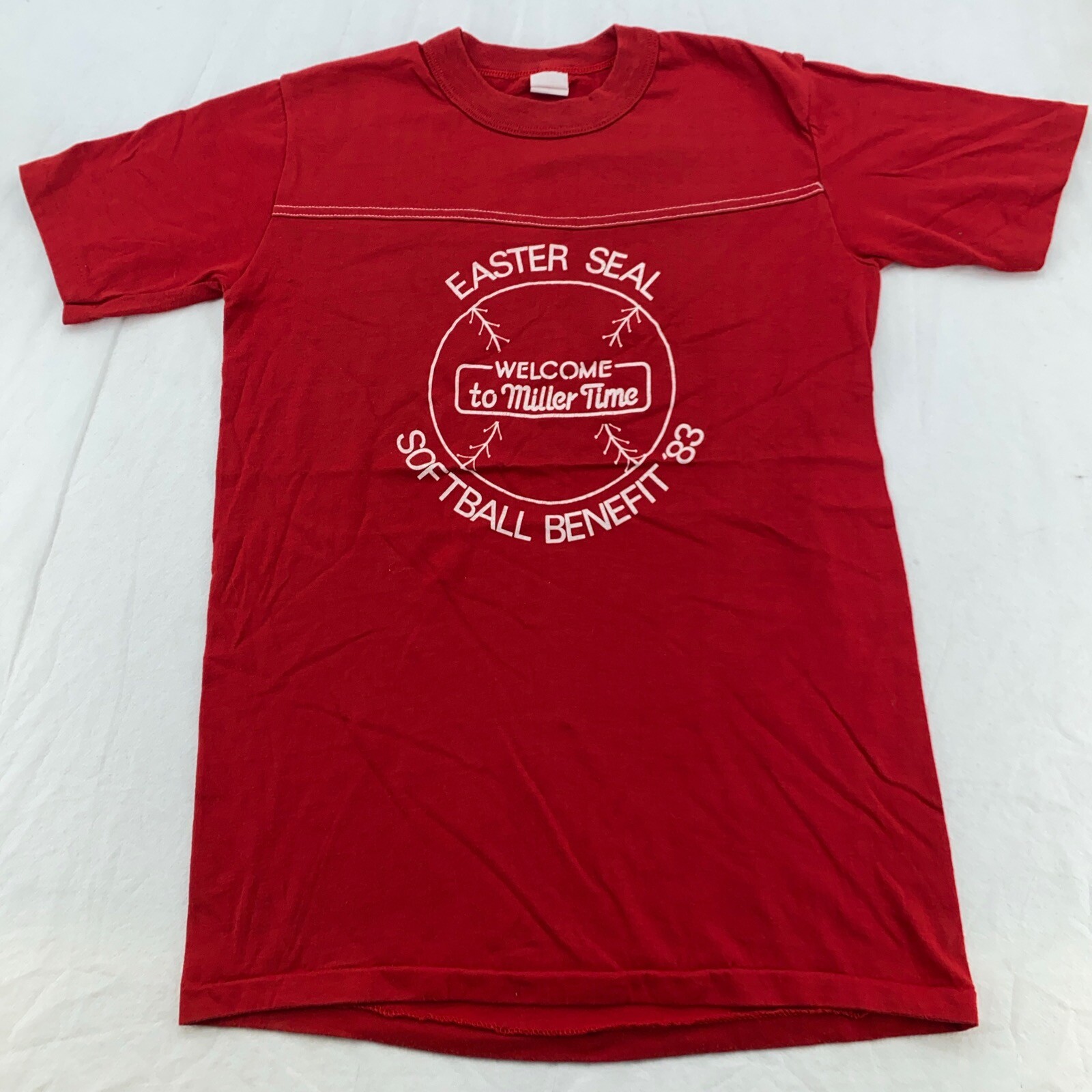vintage 80s EASTER SEAL SOFTBALL BENEFIT MILLER BEER T-Shirt 2XS/XS gallery