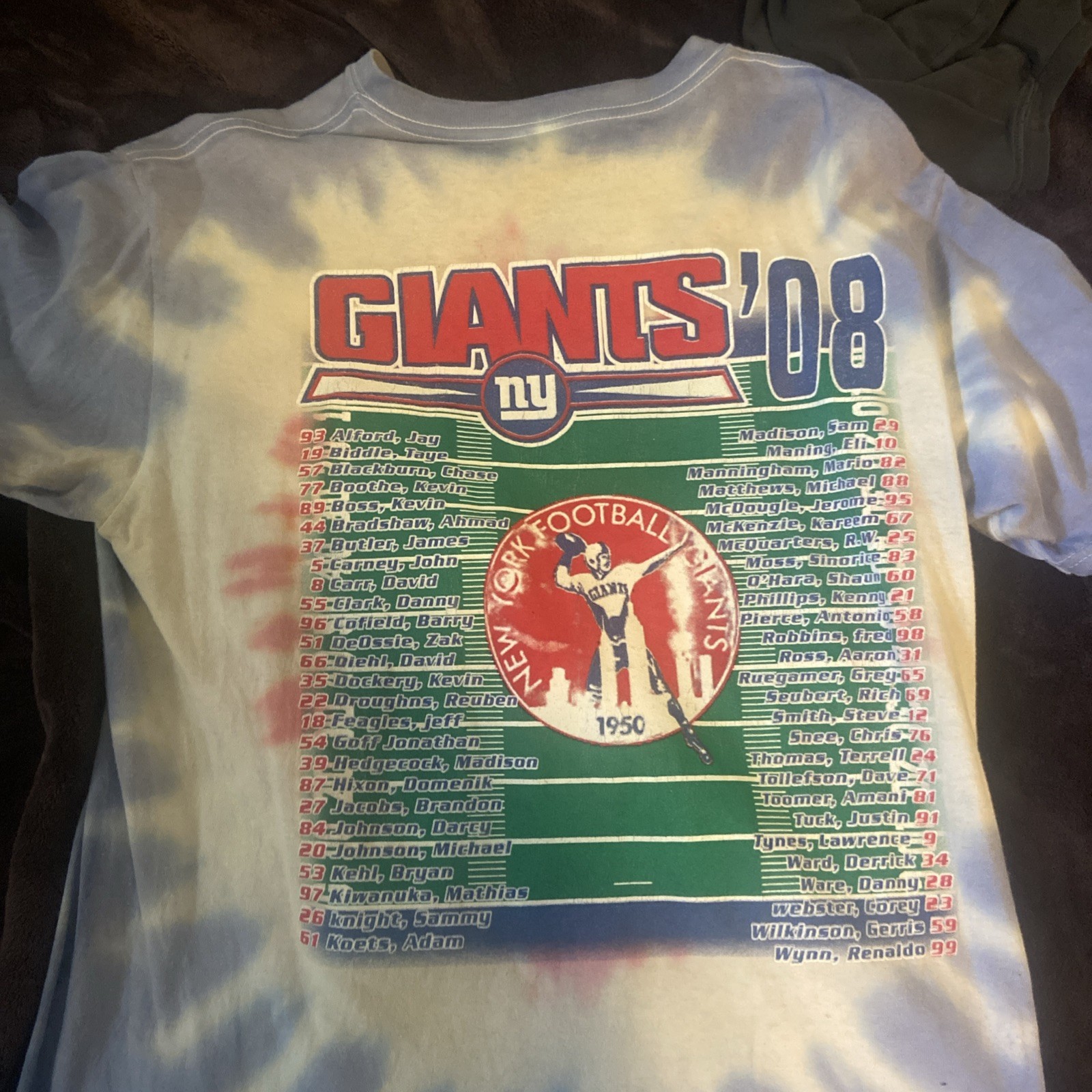 Y2K 2008New York Giants NFL Tie Dye All Over Double Sided T-shirt Red Blue Sz L gallery