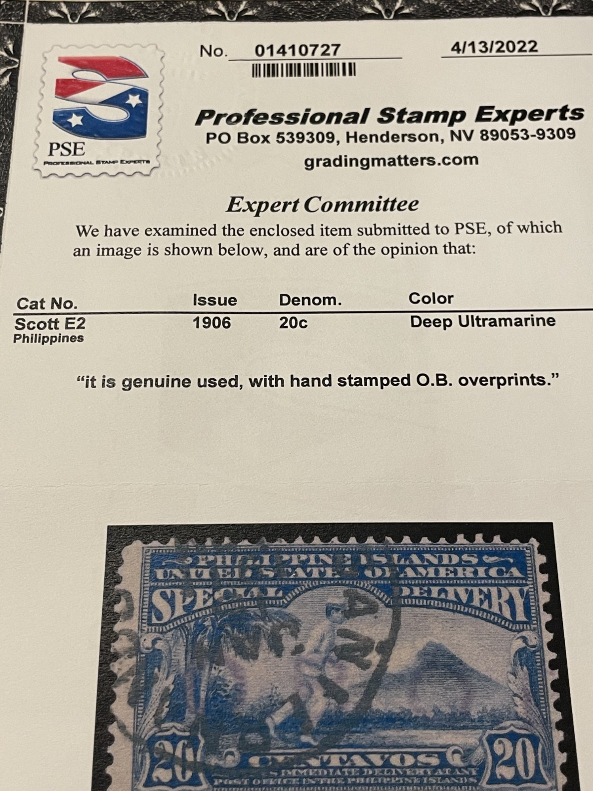 Philippines E2 Used with OB handstamp PSE Certificate KSPhilatelics (E2PIx1)