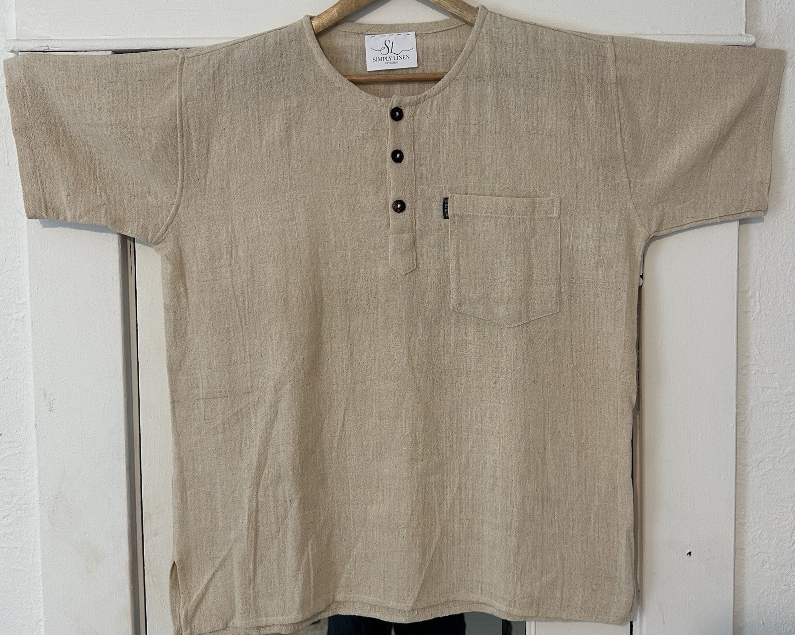 Men’s L Size Beige Color 100% Hemp Henley Short Sleeve Woven T-Shirt Pocket gallery