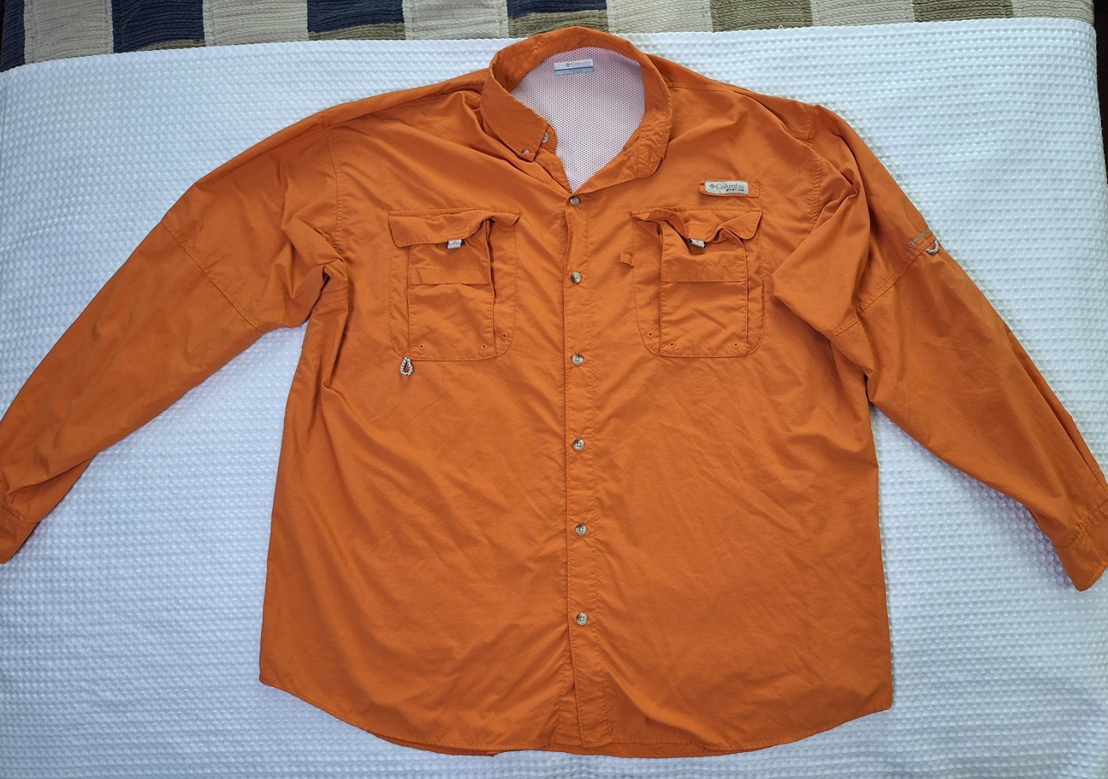 Columbia PFG Copper Orange Button Down Polyester Nylon Fishing Shirt Size XL gallery