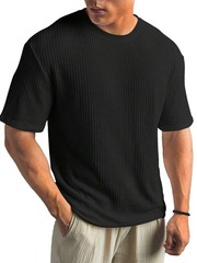 Mens Summer T Shirt Casual Ribbed Crew Neck Short Sleeve Solid Color Tee Top