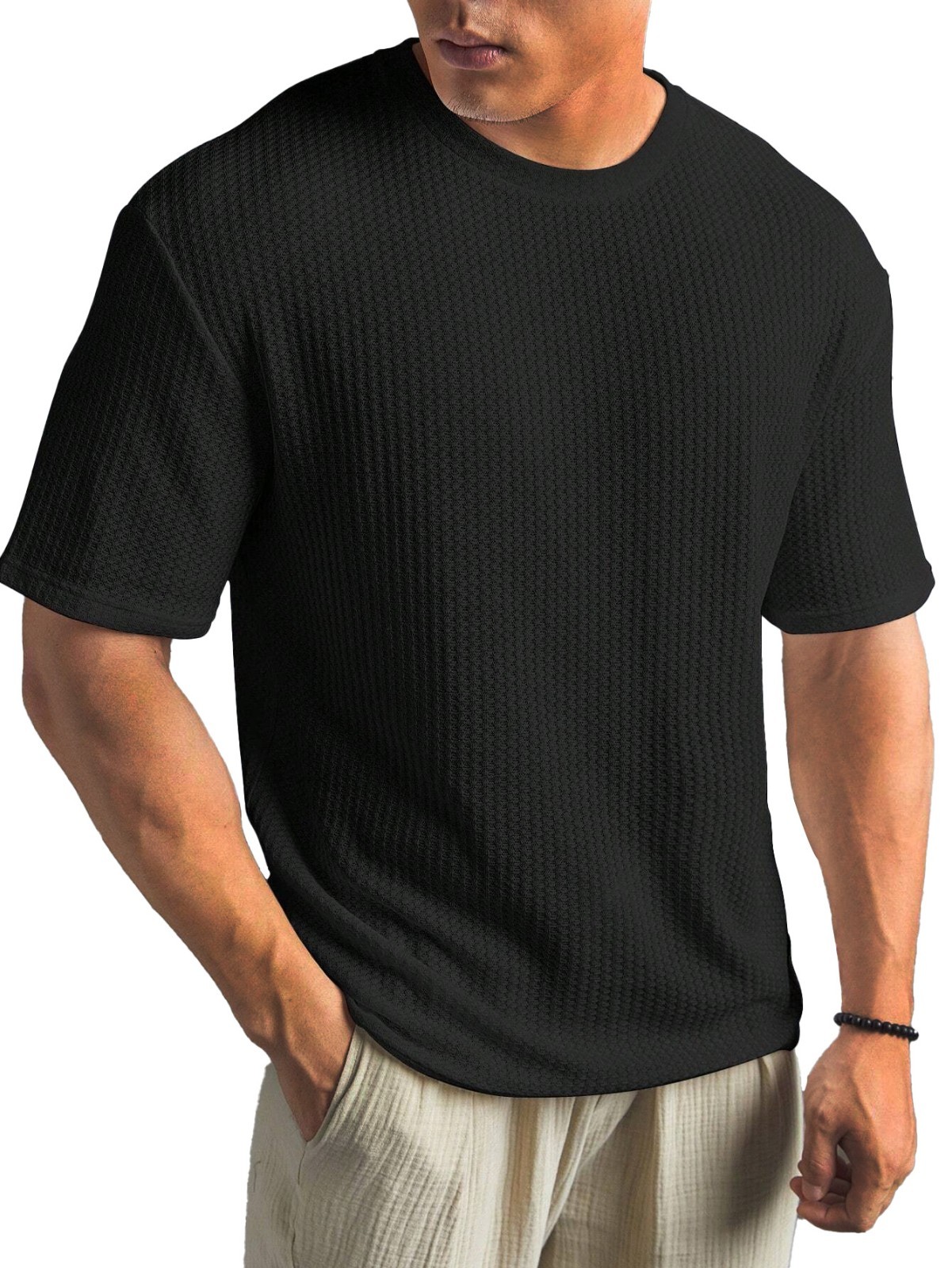 Mens Summer T Shirt Casual Ribbed Crew Neck Short Sleeve Solid Color Tee Top