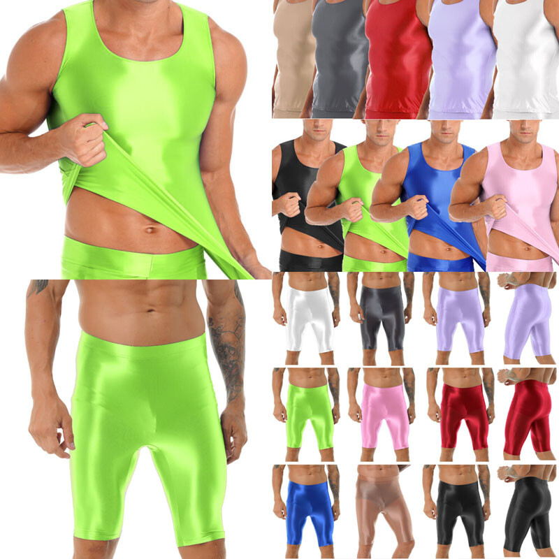 Mens Oily Glossy Tank Top High Waist Shorts Sets Shiny Sports Tights Swimwear gallery
