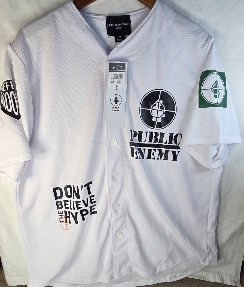 Public Enemy White Jersey Shirt Button down, Sz M, RN 90504