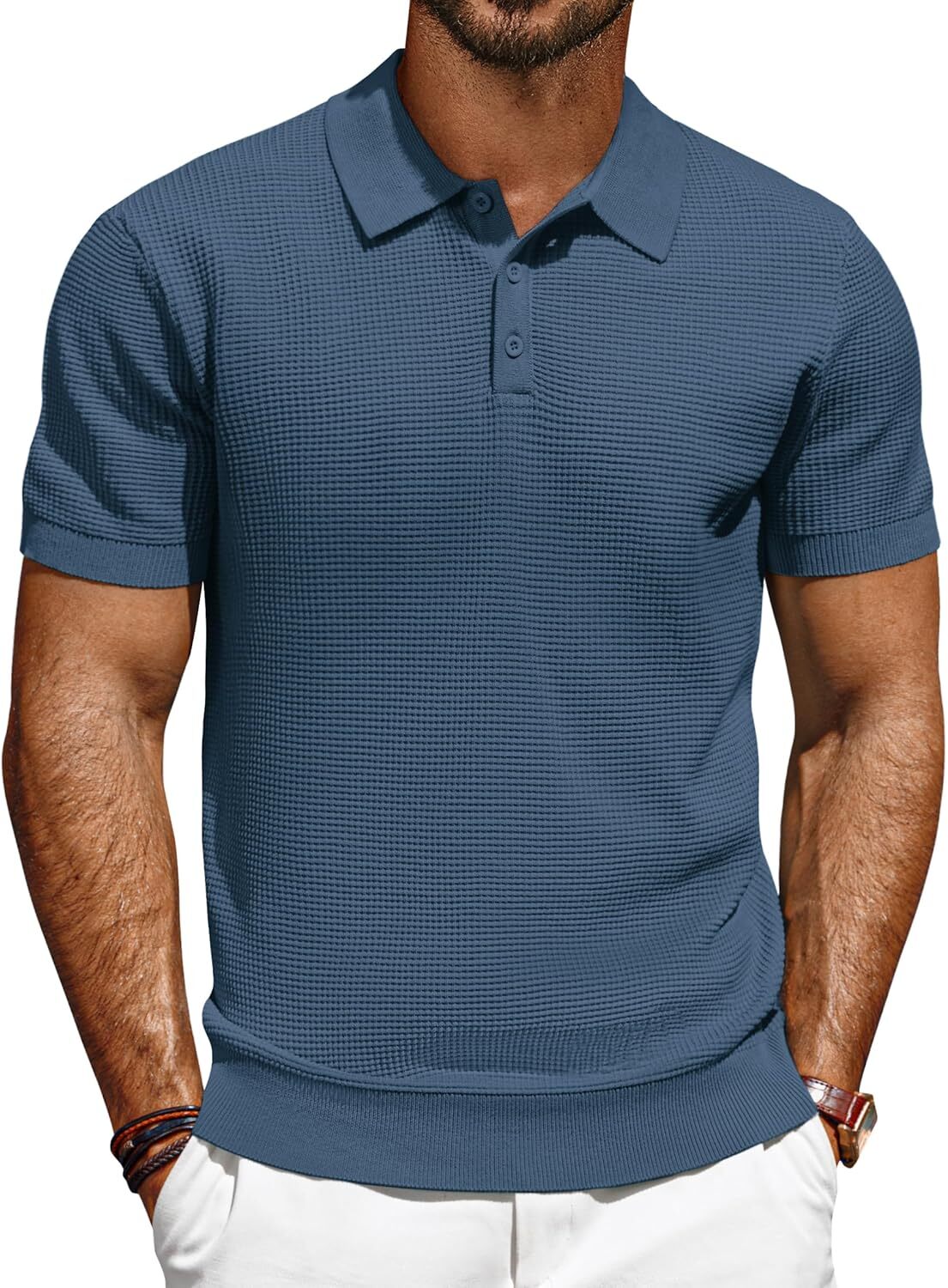 Men's Short Sleeve Polo Shirt Casual Golf Wear Lightweight Waffle Knit Fabric gallery