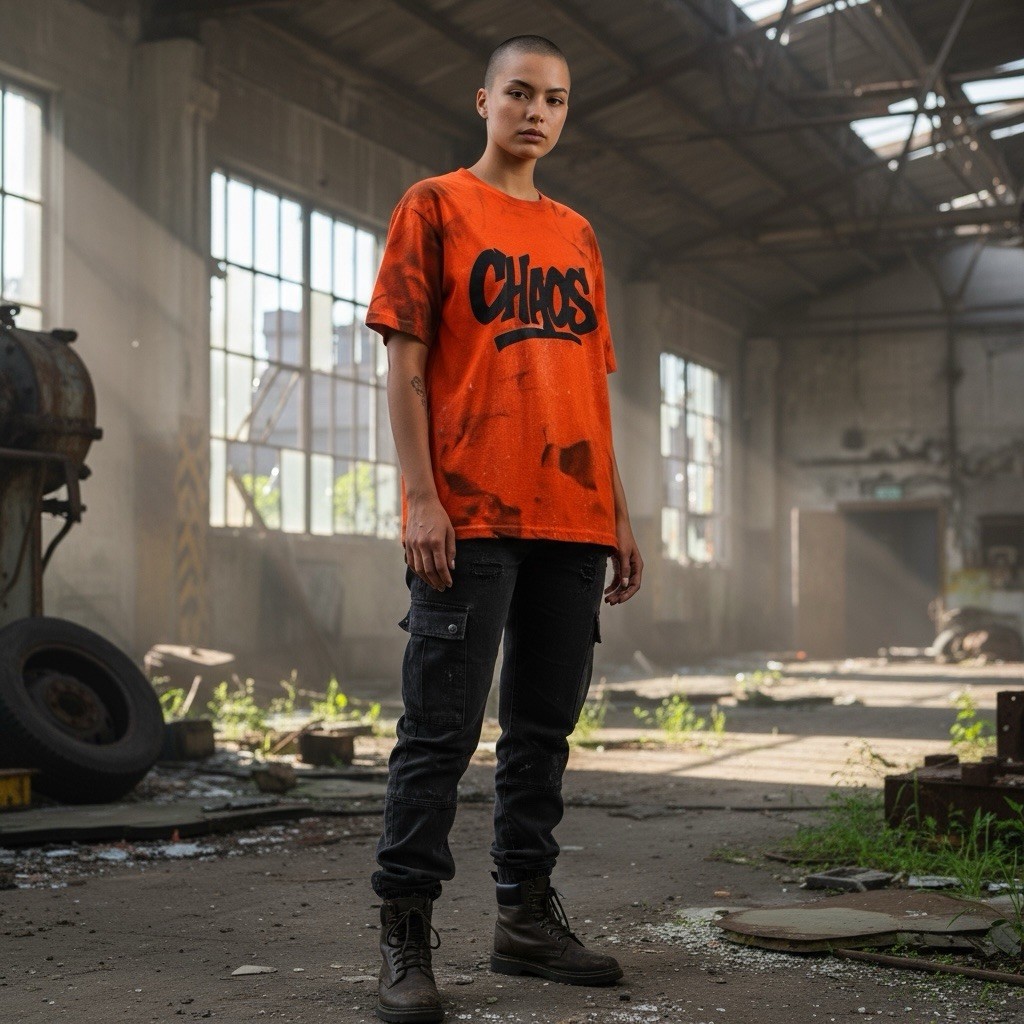 Custom Orange CHAOS Graphic Tee Handmade Spray Effect Shirt Streetwear gallery