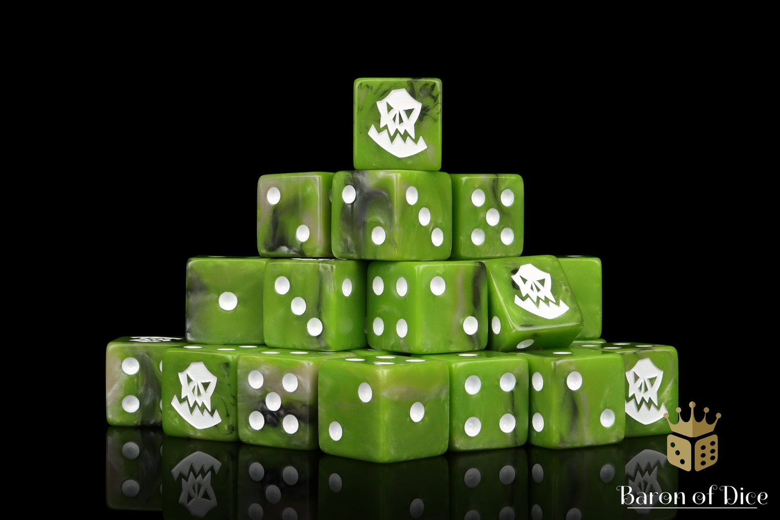 Orc Wargaming Dice - Resin D6s - Green with White Symbols