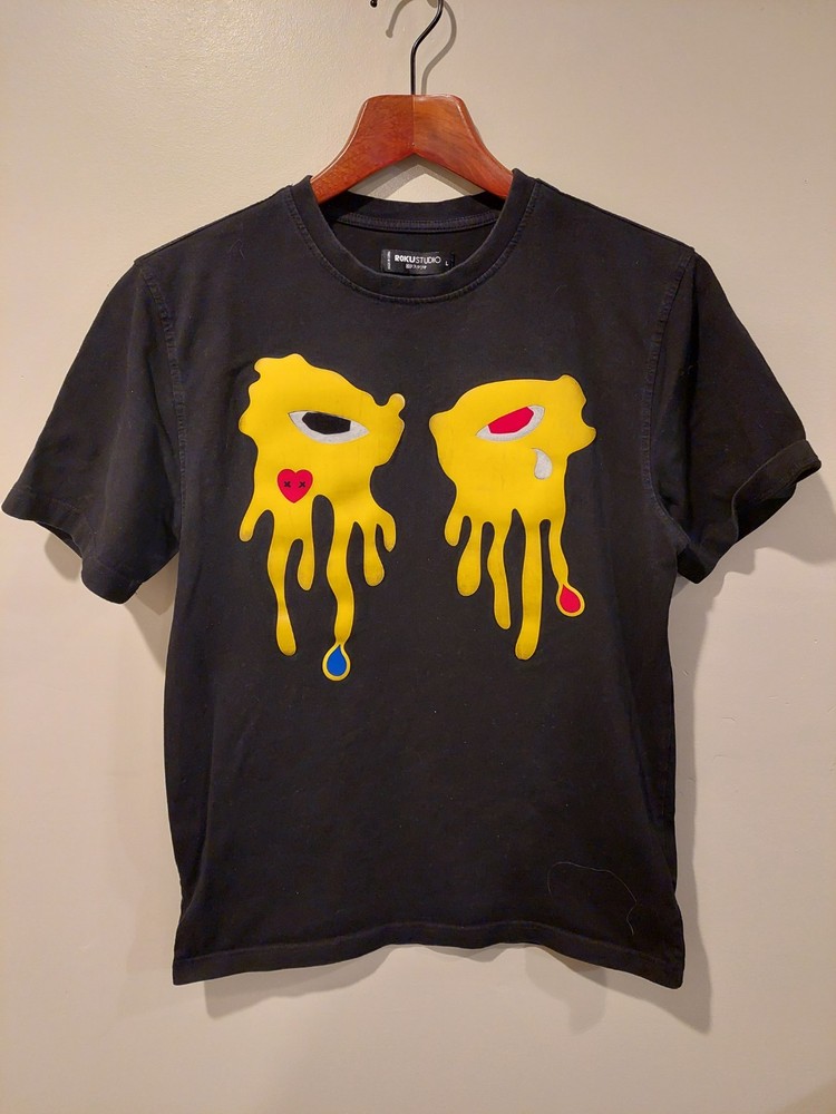 Roku Studio Tear Dripping Shirt Black w Yellow Large RARE Streetwear Rap Tee
