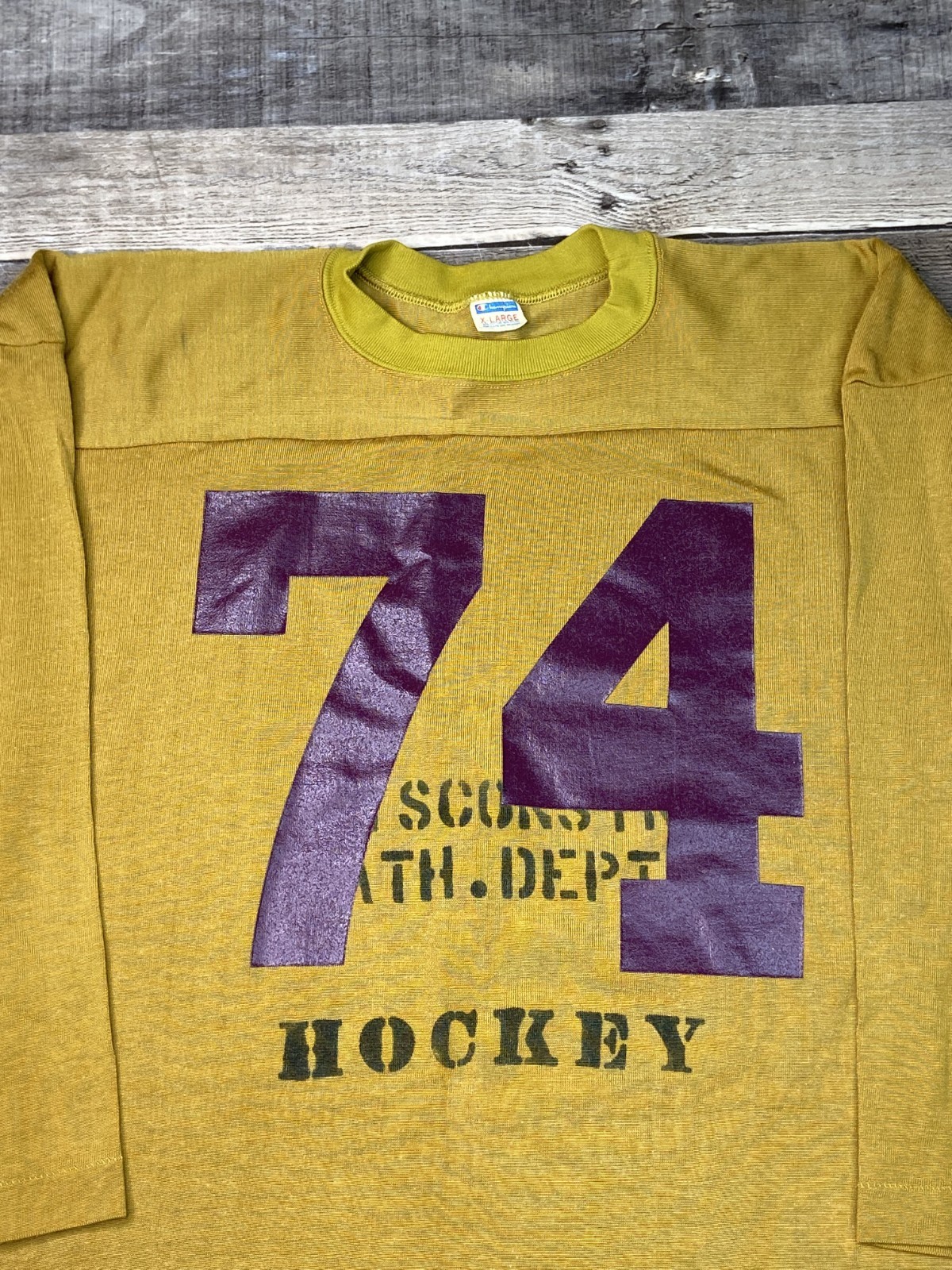 Vintage 70s Champion Wisconsin Ath. Dept Jersey 3/4 Sleeve Shirt Hockey Mens XL gallery