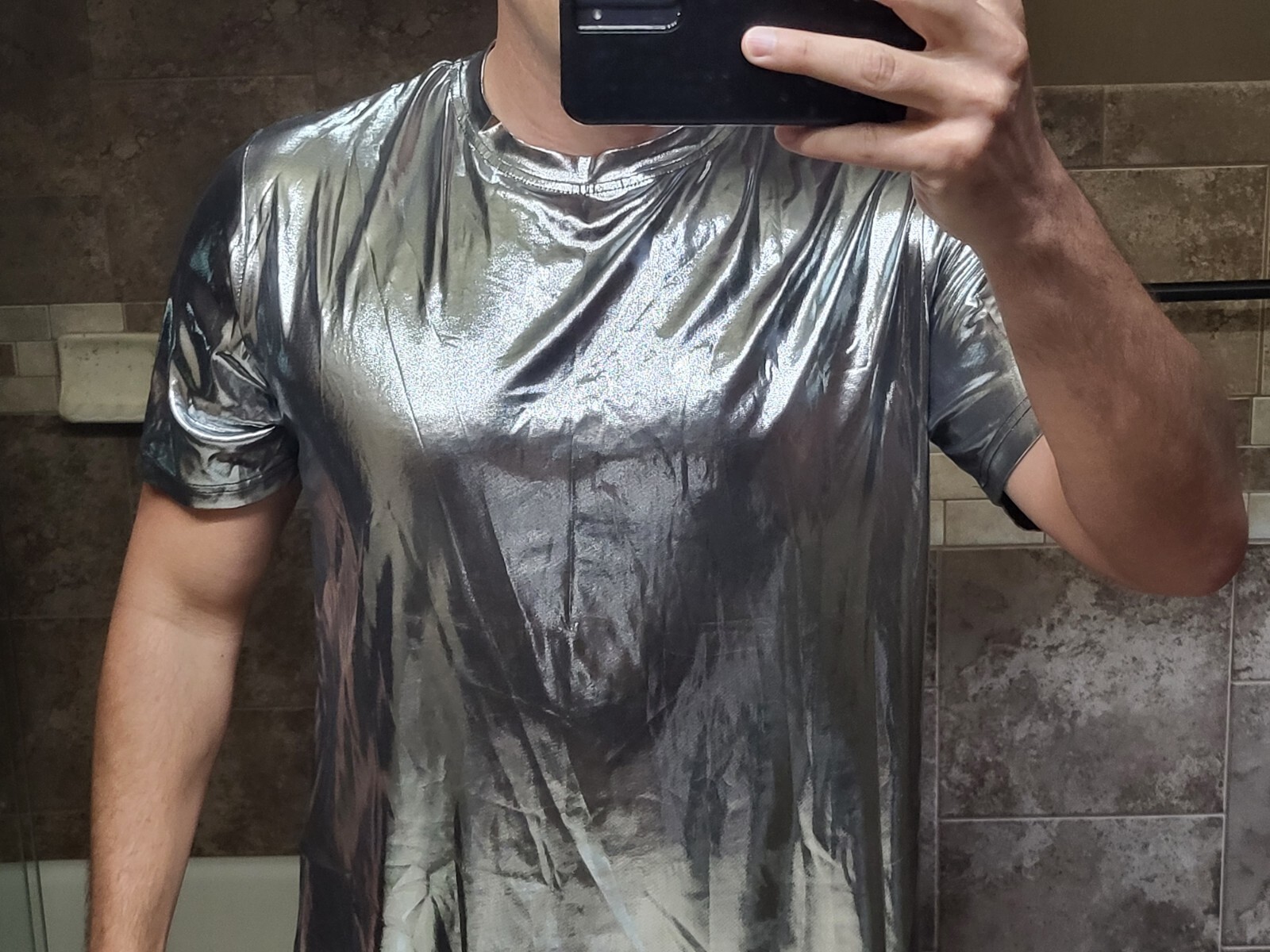 Shein Metallic Silver Shiny Shirt Mens Large NWT gallery