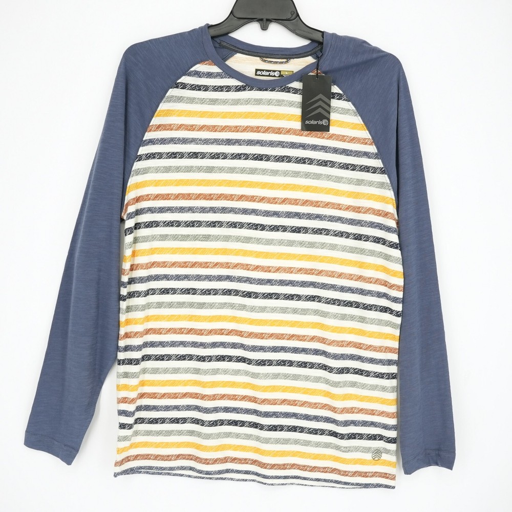 Solaris Men’s Long-Sleeve Shirt L Blue White Yellow Orange Gray Striped NWT
