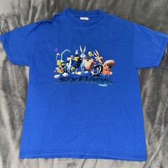 Six Flags Looney Tunes Blue T-Shirt Size M Kids Bugs Daffy Sam Tweety Taz