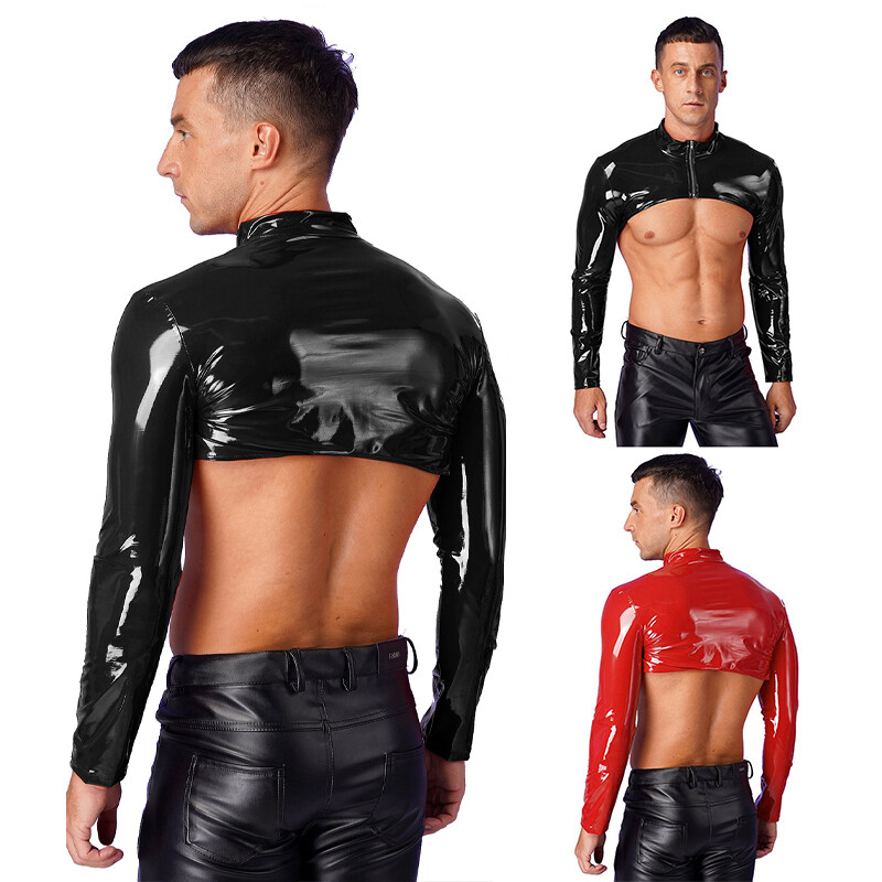 US Mens Shrug Stand Collar Clubwear Long Sleeve Crop Top Patent Leather Slim Top gallery