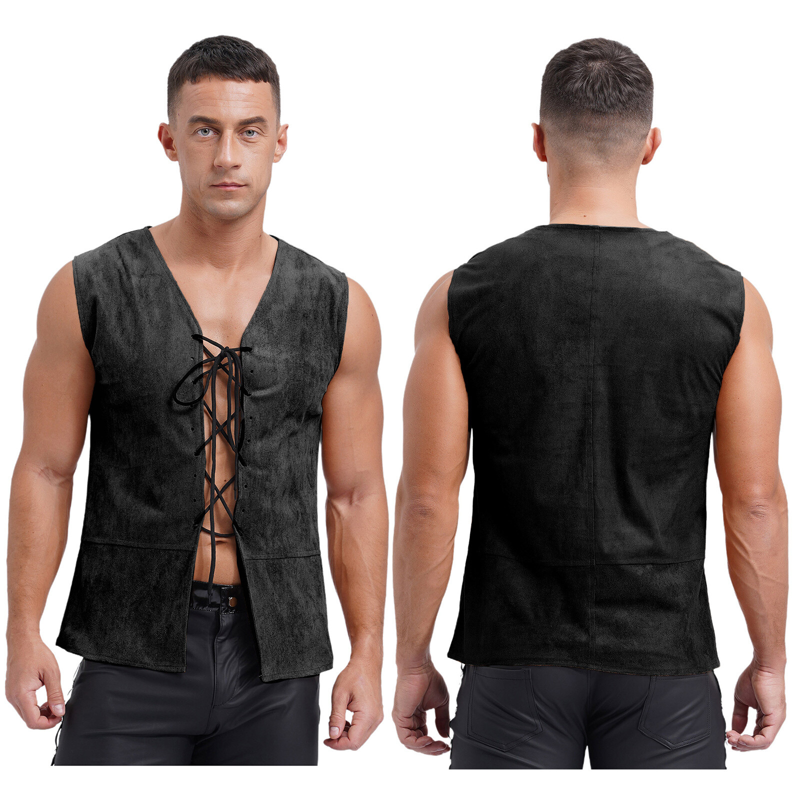 US Men’s Top Viking Waistcoat Sleeveless Vest Nightclub Crop Tops Pirate Blouse