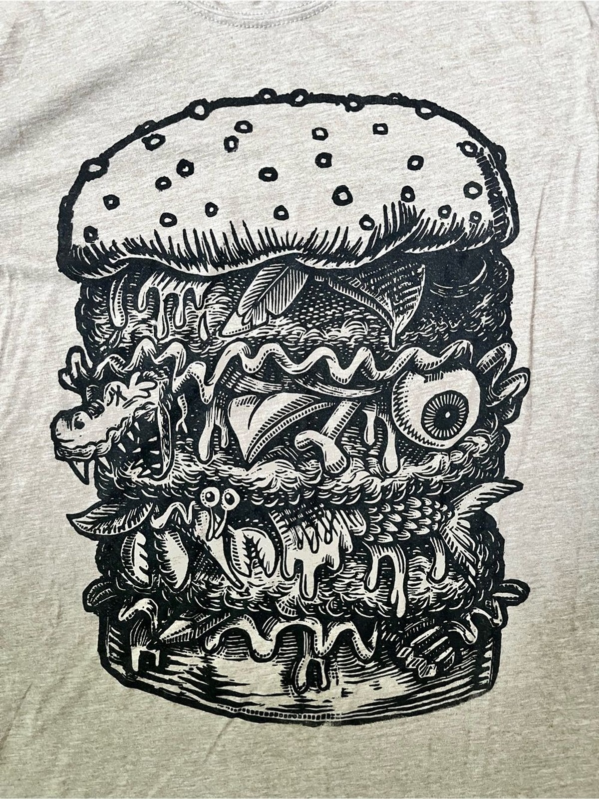 Graphic Monster Burger Tee Mens Size Large Heathered Brown Hand Silkscreened