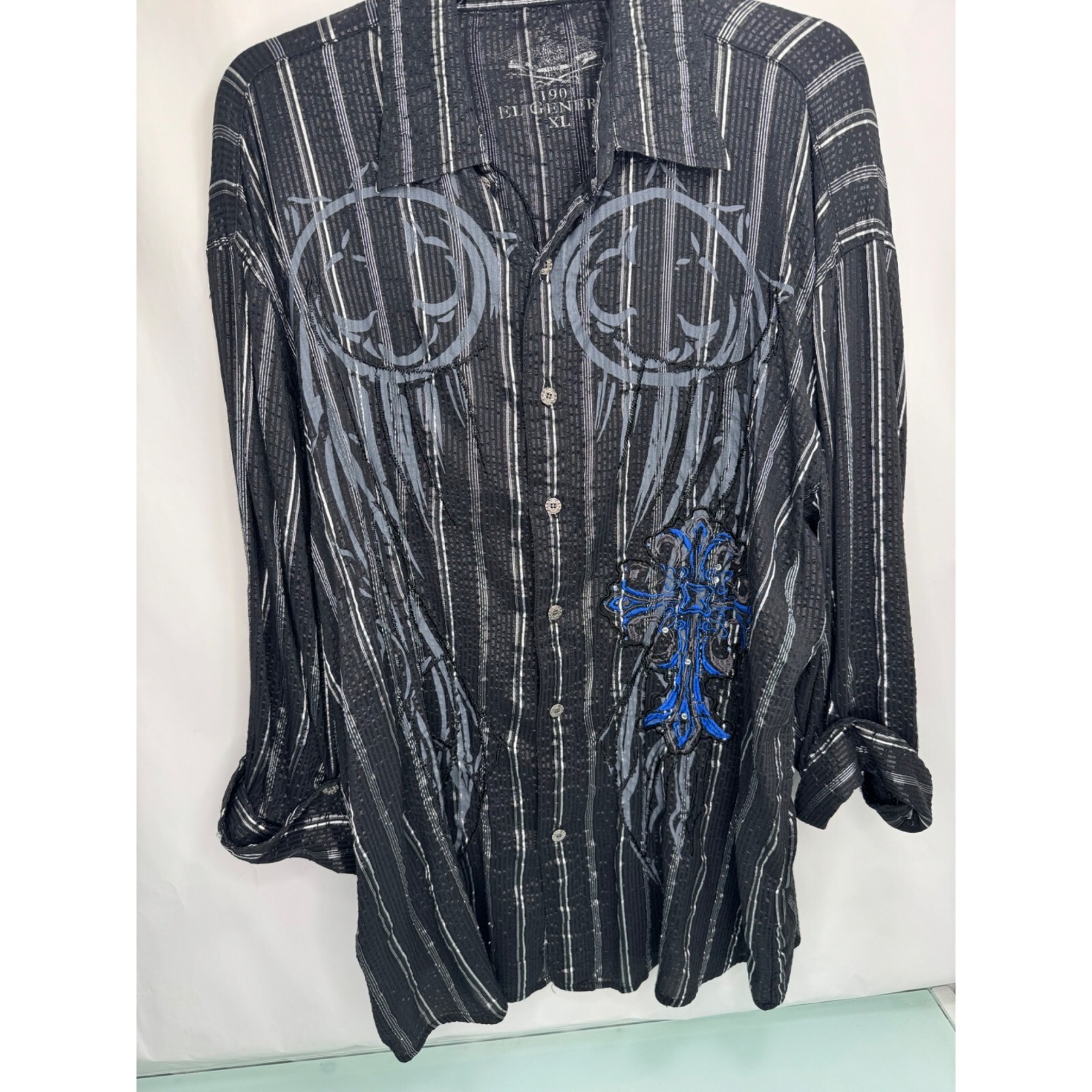 VTG Men Shirt Y2K Semi Sheer Metallic Embroidered Cross 3/4 Sleeve Bling Goth XL gallery