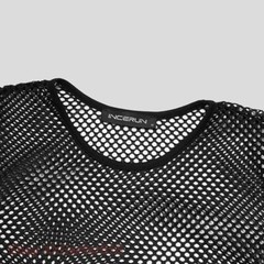 Black Men’s Fishnet Sheer Tops Long Sleeve See Through Punk Tee Shirt Clubwear
