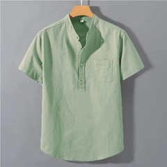 Men T Shirt Short Sleeve Solid Color Pocket Design Button Neck Streetwear Top