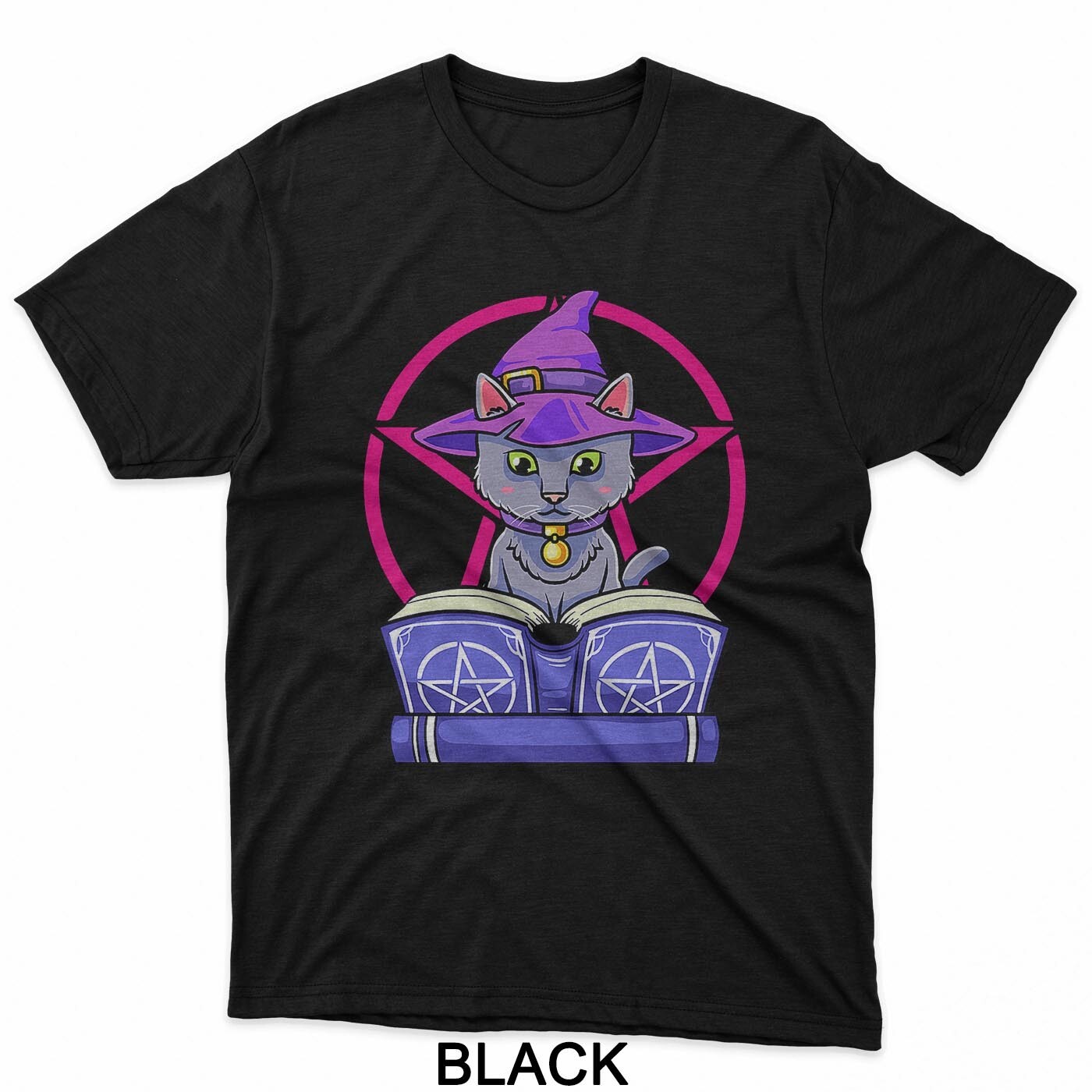 Witch Cat Spell Book Occult Pentagram Magic Familiar T-Shirt gallery