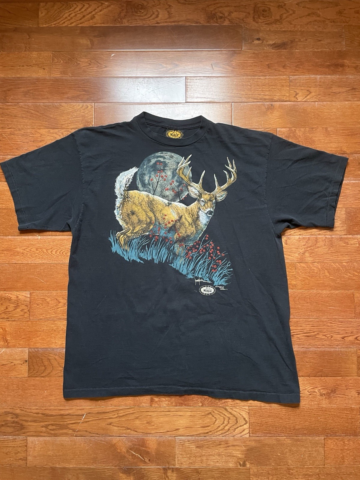 Vtg 90s Woolrich Deer Hunt T-Shirt Black Men’s XXL Single Stitch Harlequin Print gallery