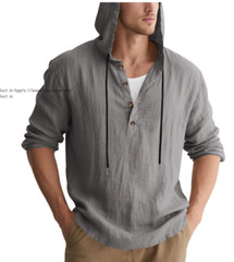New Men Linen Hoodies Long Sleeve Button Down Shirts Casual Beach Yoga T-shirts