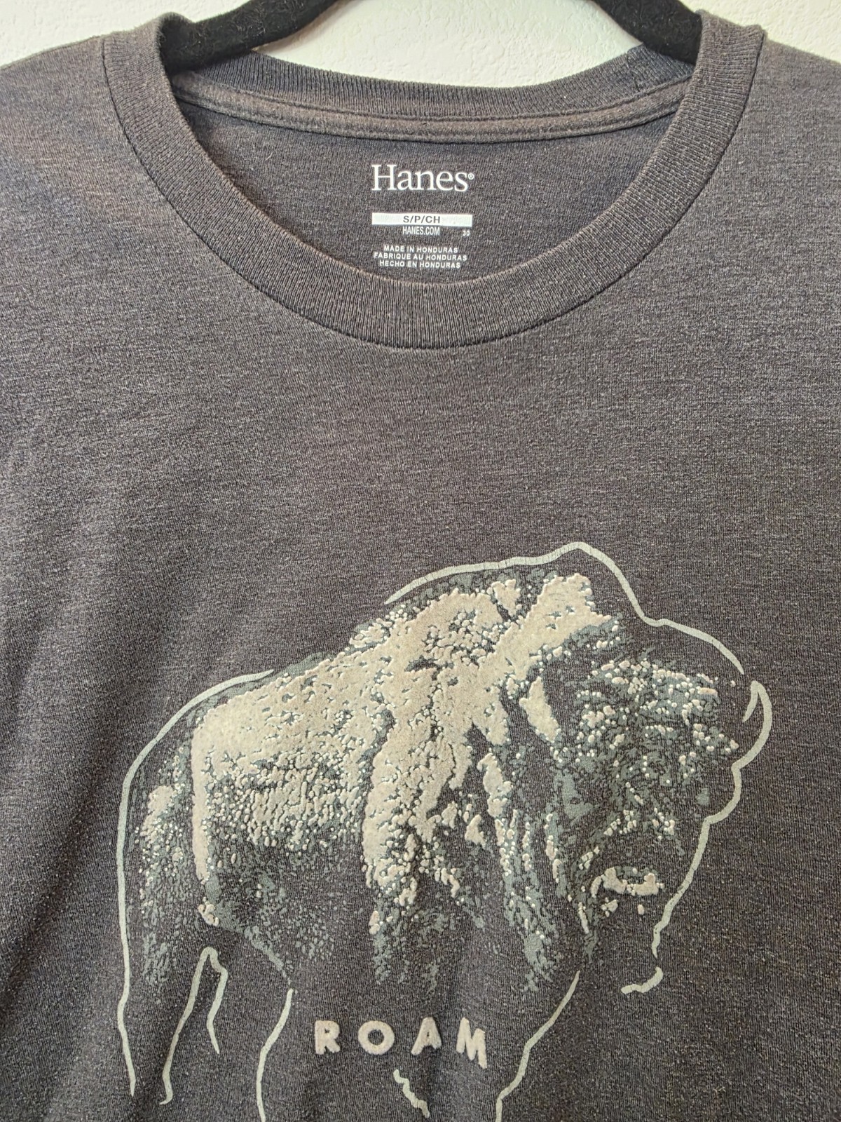 Hanes Mens National Parks T Shirt Sz S Bison Roam Raised Felt Print Heather Grey
