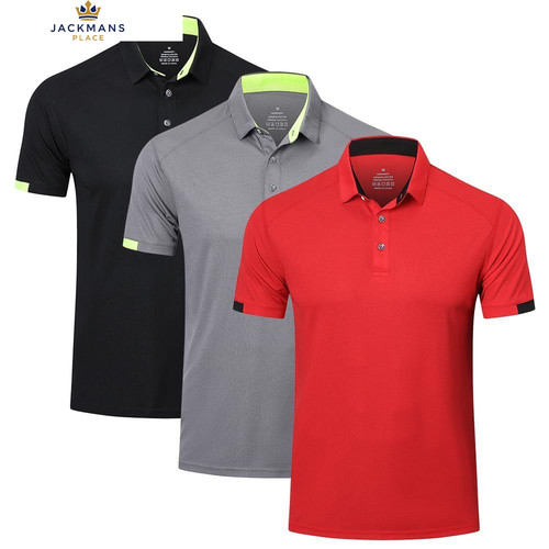 HUAKANG 3 Pack Mens Polo Shirts Short Sleeve Breathable XXL, Black Grey Red