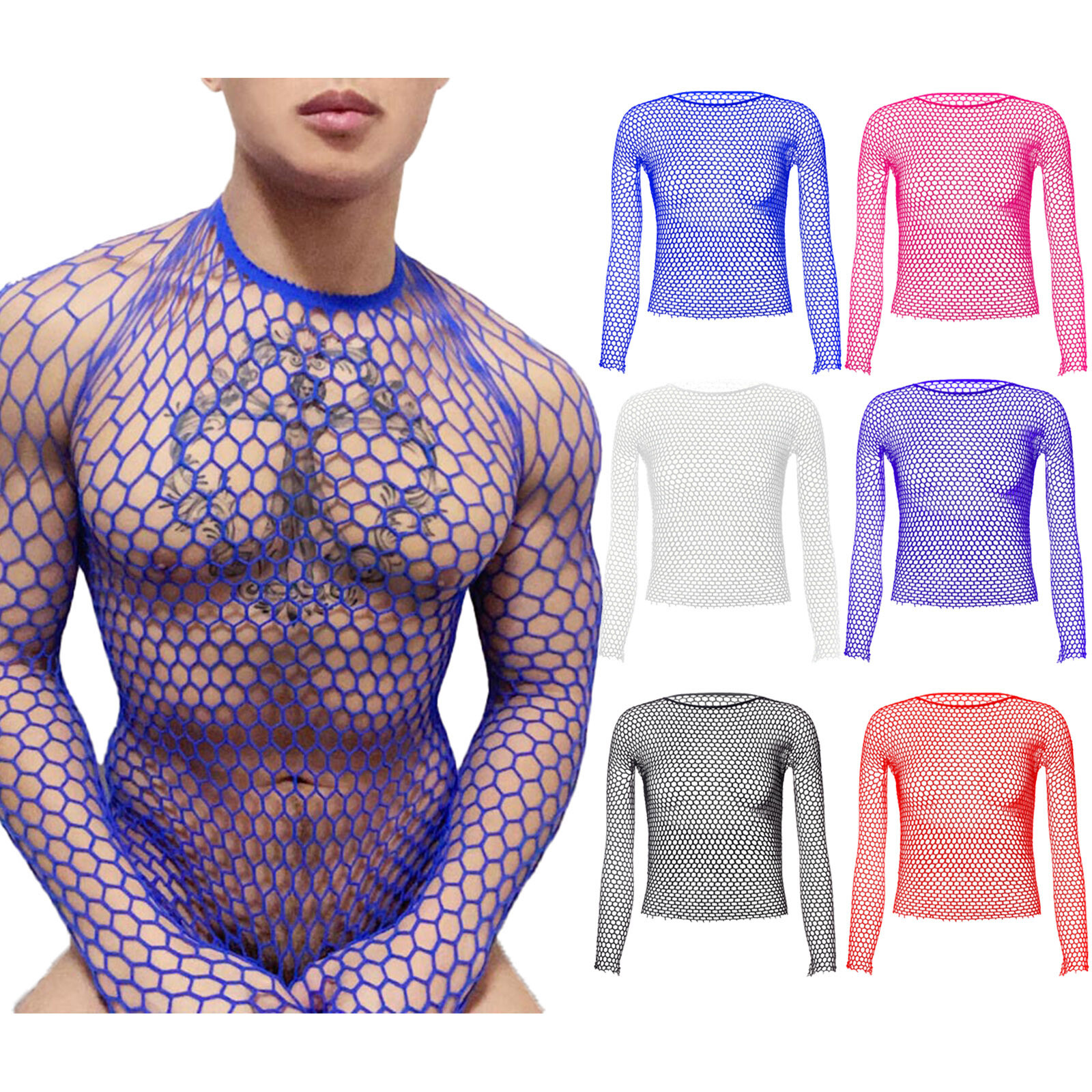 Mens Sexy Mesh See Through Fishnet T-Shirt Long Sleeve Muscle Undershirt Tops gallery