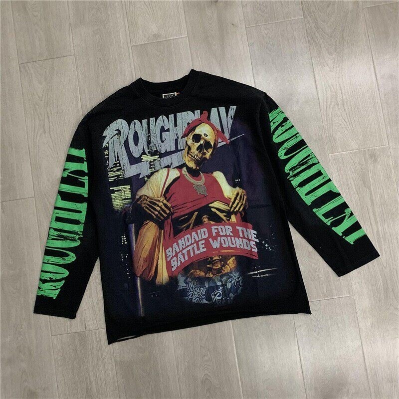 RoughPlay High Street Distressed Washed Skull Print Long Sleeve T-shirt