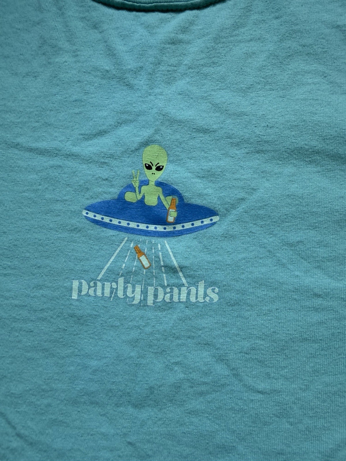 Party Pants Men's Blue Alien UFO "Beer Me Up" Graphic Crew Neck T-Shirt Size L gallery