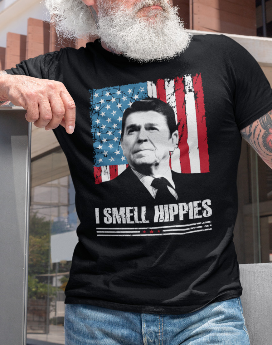 Mens I Smell Hippies T-Shirt Ronald Reagan USA President Funny Political T shirt gallery