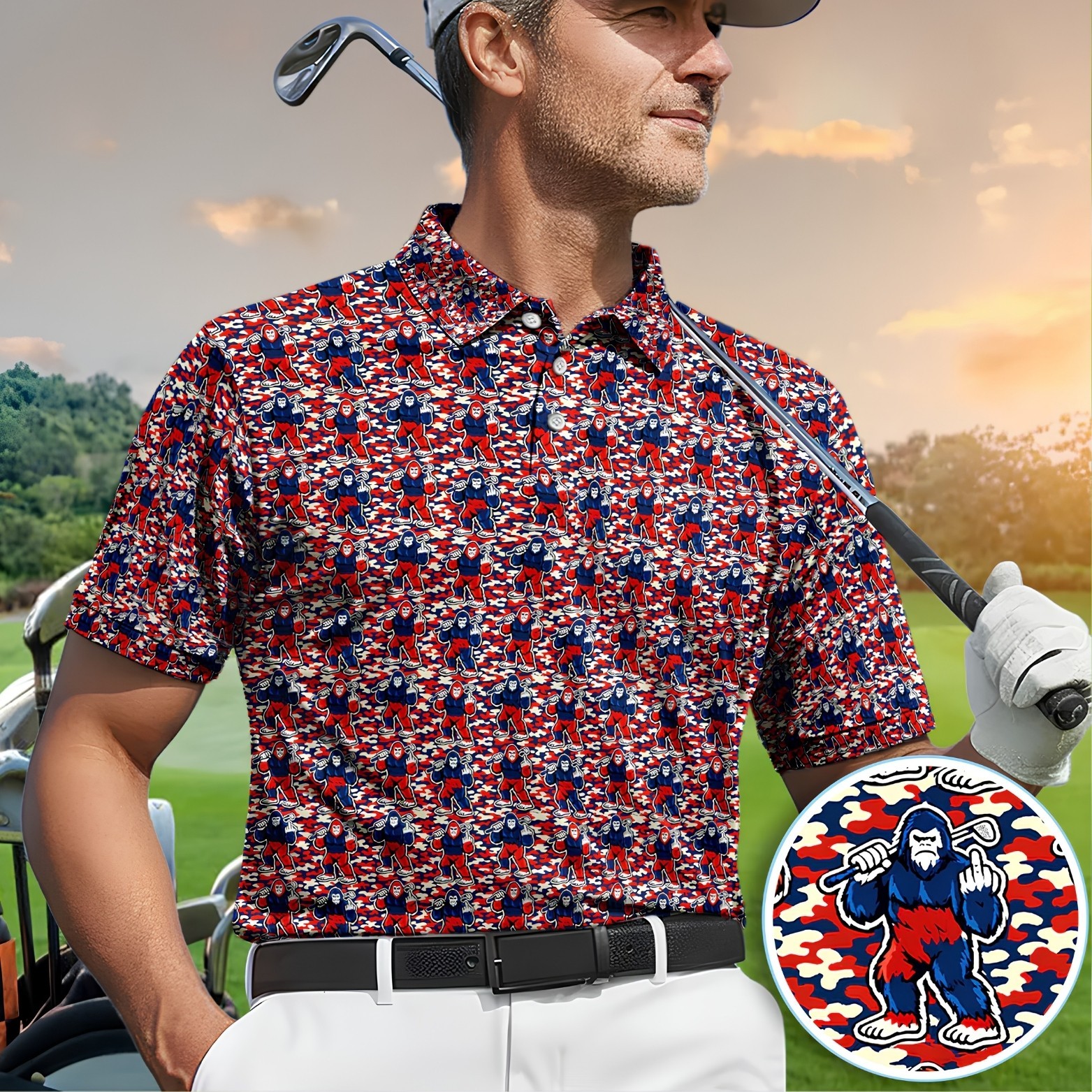 Patriotic Bigfoot Golf Shirt, Red White Blue Camo Sasquatch Polo Top (S-5XL) gallery