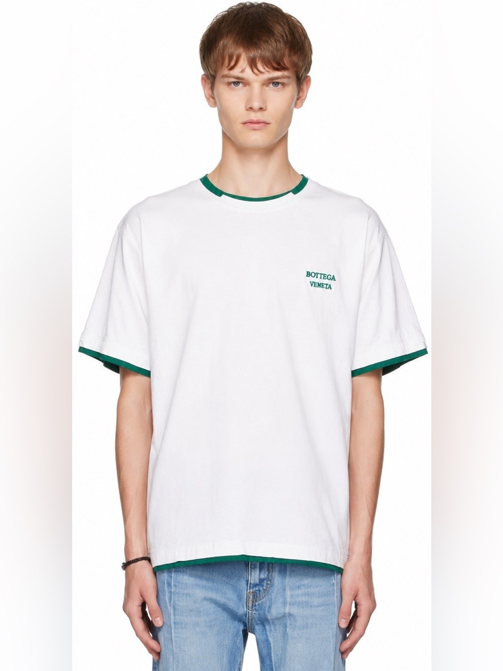 Bottega Veneta white cotton crewneck relaxed t-shirt green trim men M women L gallery