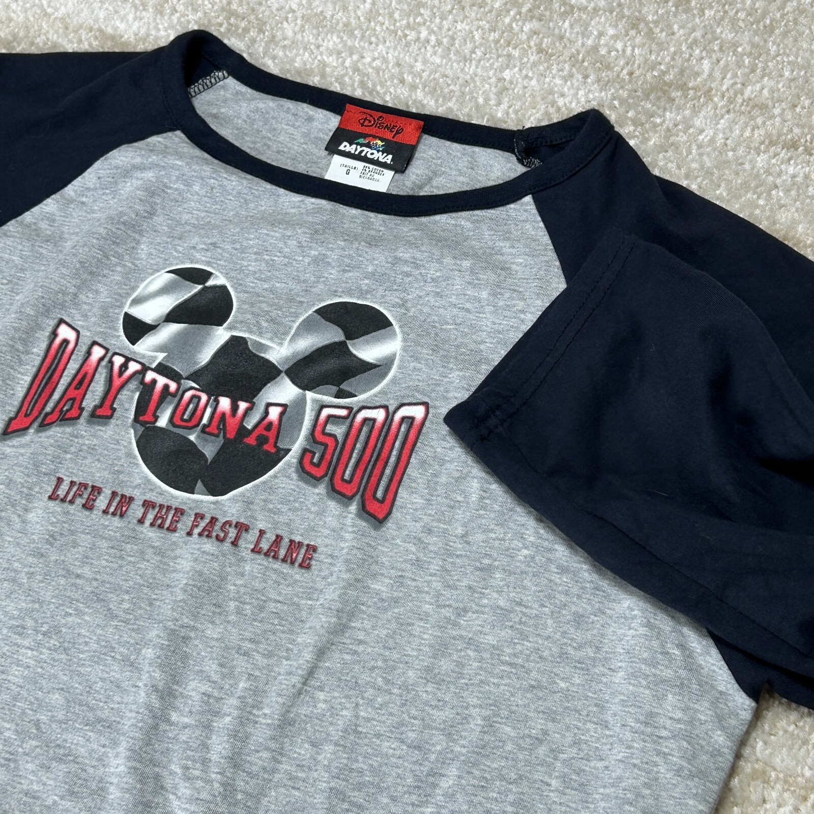 Disney Men’s Daytona 500 Raglan T-Shirt Gray Black Large Cotton Spandex Racing T