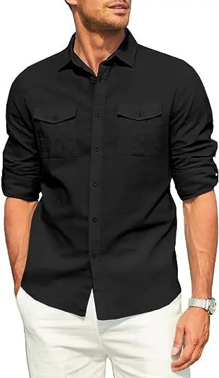 Men’s Cotton Linen Double Pocket Shirt Breathable Casual Smart Fit Holiday Gift gallery
