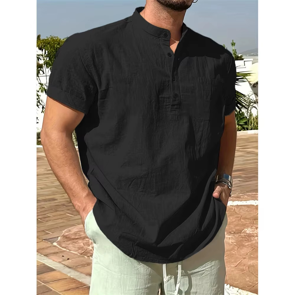 Men’s Cotton Linen Henley Shirt Summer Breathable Casual T-Shirt Tee Casual Gift gallery