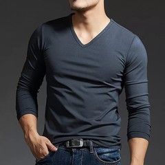 Casual Plain Cotton Tee Men’s Long Sleeve V-Necked T-Shirt –