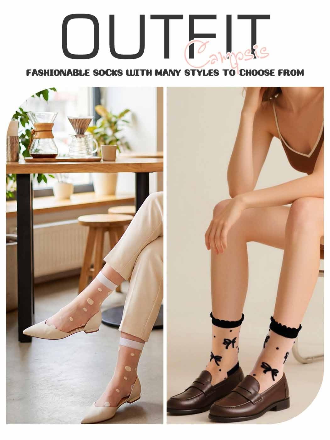 Womens Sheer Ankle Socks Polka Dot Bow Pattern 4 Pairs Black White gallery